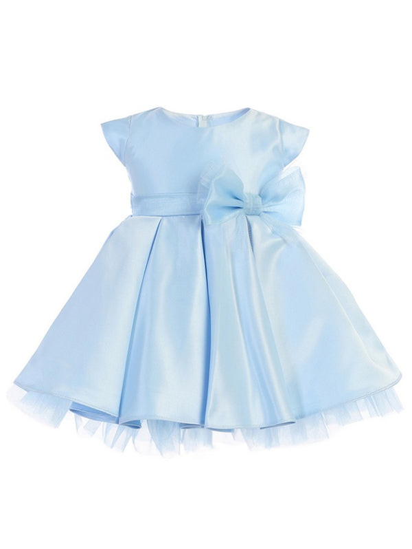 Sweet Kids Baby Girls Light Blue Full Pleated Satin Bow Flower Girl Dress 6-24M - SophiasStyle.com
